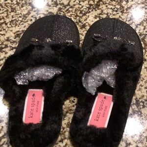 Sparkly Black Fuzzy Slippers with Bow